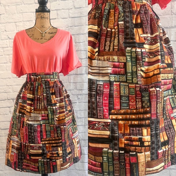 Retrolicious Dresses & Skirts - Retrolicious Midi Skirt Academia Book Library Print A-line Geek Chic Nerd Pinup